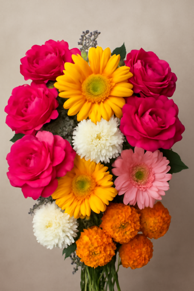💐 Big Size Mix Flower & Indian rose (Desi Gulab)
 Flower Bouquet 💐 with Poly wrap