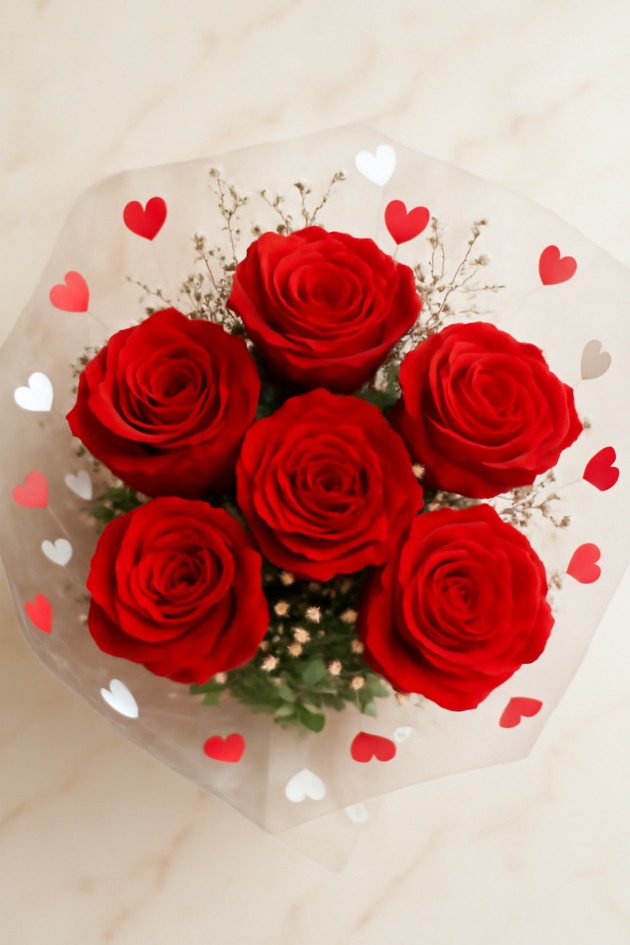 💐Only Red ROSE (5 pcs) Flower Bouquet 💐 with Poly wrap