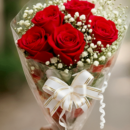 💐Only Red ROSE (6 pcs) Flower Bouquet 💐 with Poly wrap