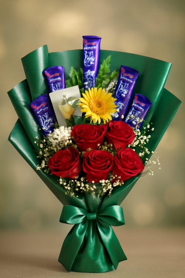 💐The Flower Chocalate Bouquet 💐 with Paper wrap (5 Rose Flowers) - Image 3