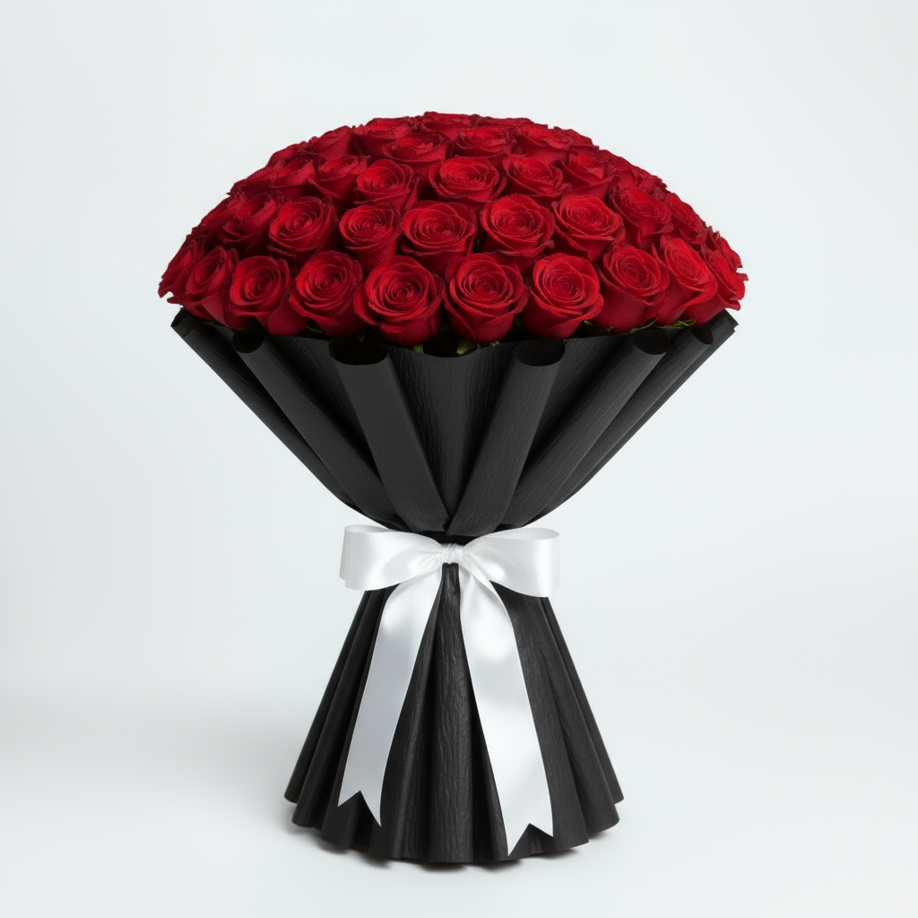 💐Only Red ROSE (75 pcs) Flower Bouquet 💐 with Premium Black Wrap