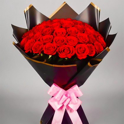 💐Only Red ROSE (50 pcs) Flower Bouquet 💐 with Premium Black Wrap